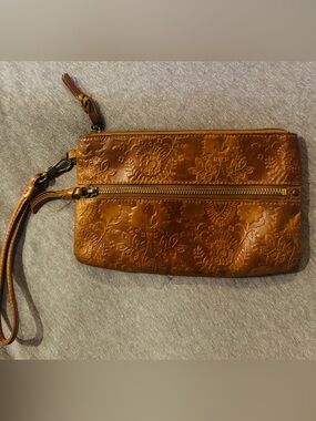 Leather Embossed Floral Wristlet Clutch - Brown